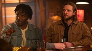 From left to right: W. Tre Davis as Freddy looking adiment and Max Thieriot looking with intent in Season 2 of Fire Country.