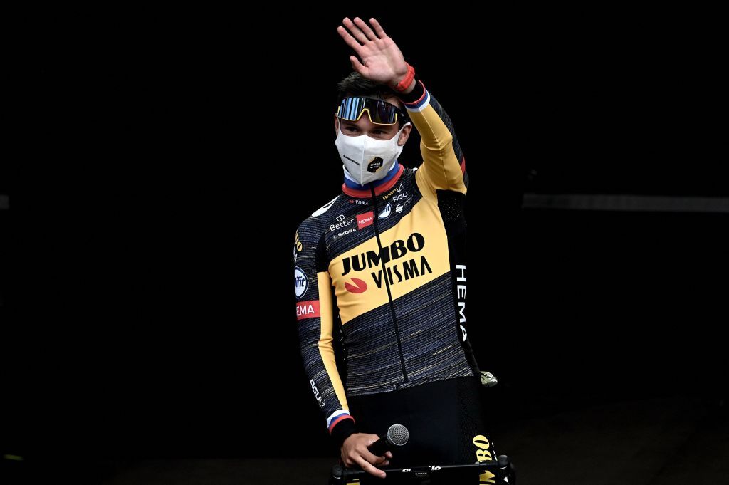 Team Jumbo Vismas Primoz Roglic of Slovenia attends the teams presentation two days ahead of the first stage of the 108th edition of the Tour de France cycling race near Brest on June 24 2021 Photo by Philippe LOPEZ AFP Photo by PHILIPPE LOPEZAFP via Getty Images