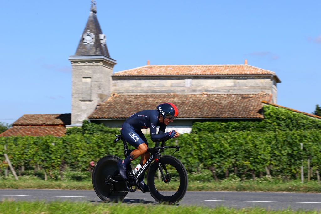 SAINTEMILION FRANCE JULY 17 Richard Carapaz of Ecuador and Team INEOS Grenadiers during the 108th Tour de France 2021 Stage 20 a 308km Individual Time Trial Stage from Libourne to SaintEmilion 75m Vineyards Landscape ITT LeTour TDF2021 on July 17 2021 in SaintEmilion France Photo by Tim de WaeleGetty Images