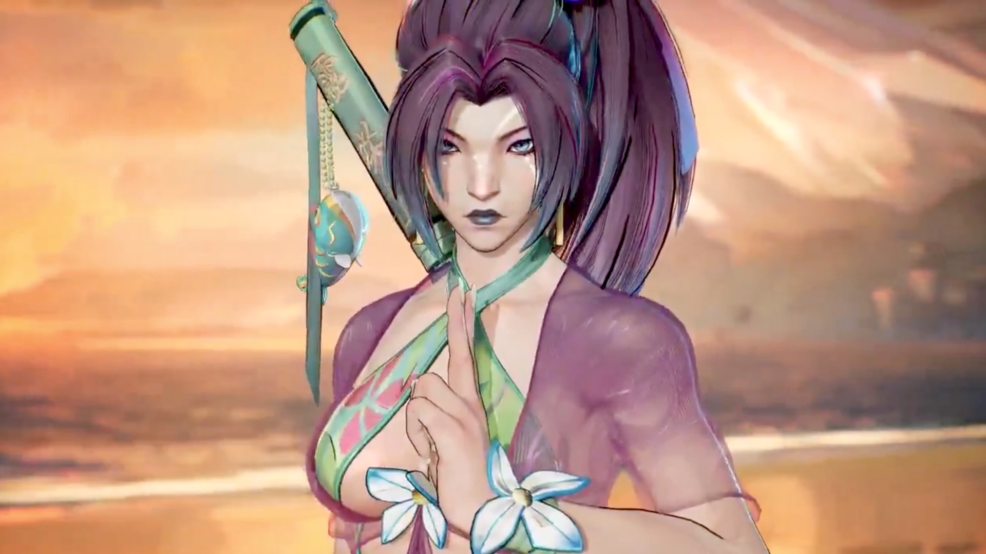 Psylocke in a pink and green swimsuit poses with finger guns
