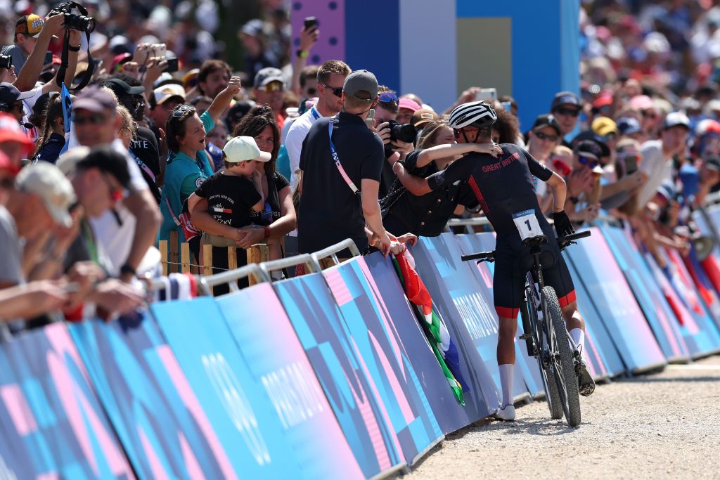 ELANCOURT FRANCE JULY 29 Gold medal winner Thomas Pidcock of Team Great Britain reacts after the Mens CrossCountry on day three of the Olympic Games Paris 2024 at Elancourt Hill on July 29 2024 in Elancourt France Photo by Tim de WaeleGetty Images