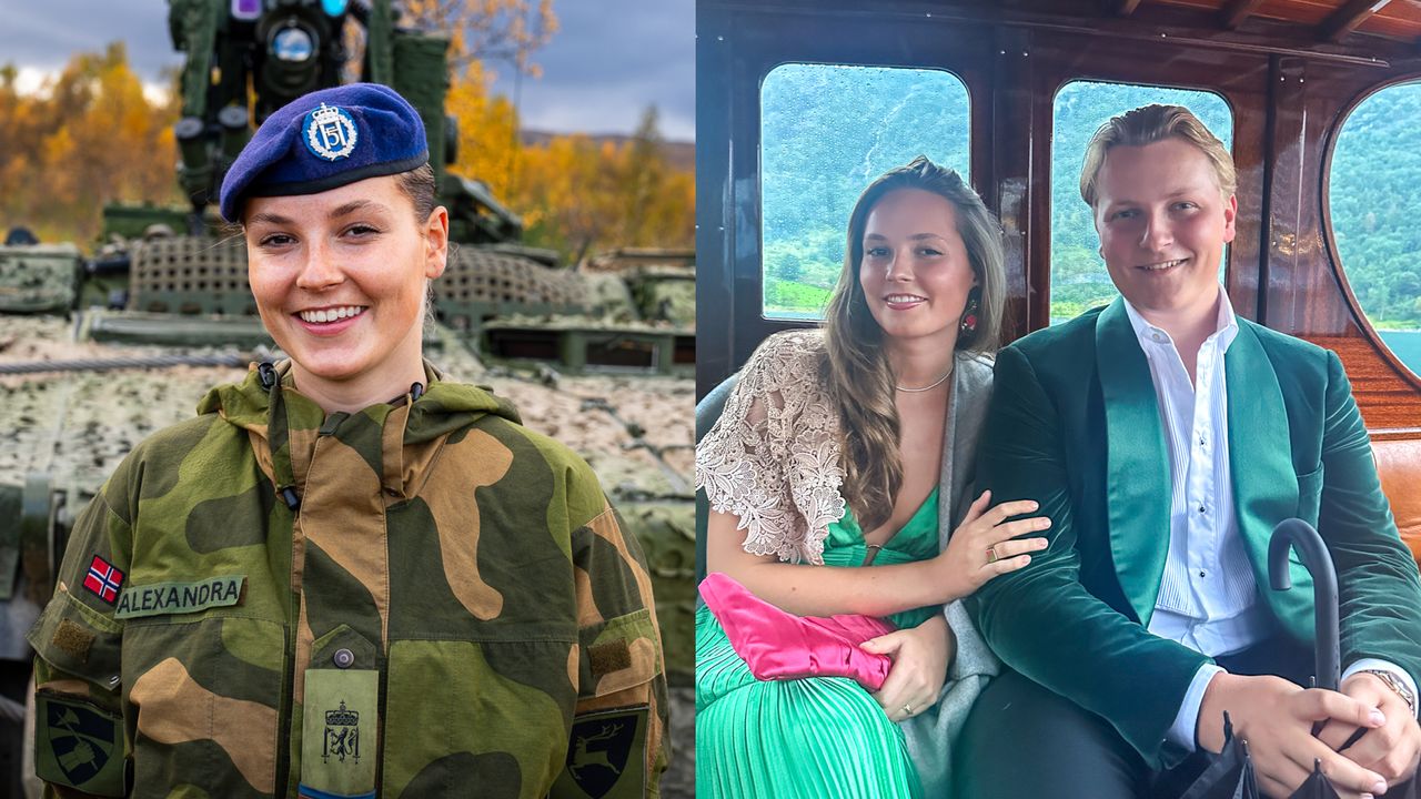 A photo of Princess Ingrid Alexandra in camo gear and a blue beret next to a photo of her wearing a green gown smiling and holding her brother&#039;s arm while riding inside a wooden boat