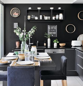 kitchen room with matt black wall and black worktop with white plates and black dining table with chairs
