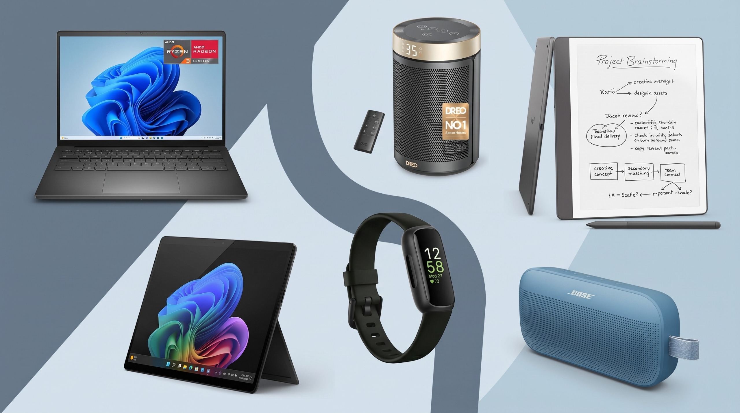 A collage of tech deals from the weekend sale at Amazon UK, including a Dell laptop, Dreo heater, Kindle Scribe, Microsoft Surface, Fitbit Inspire, and Bose speaker.