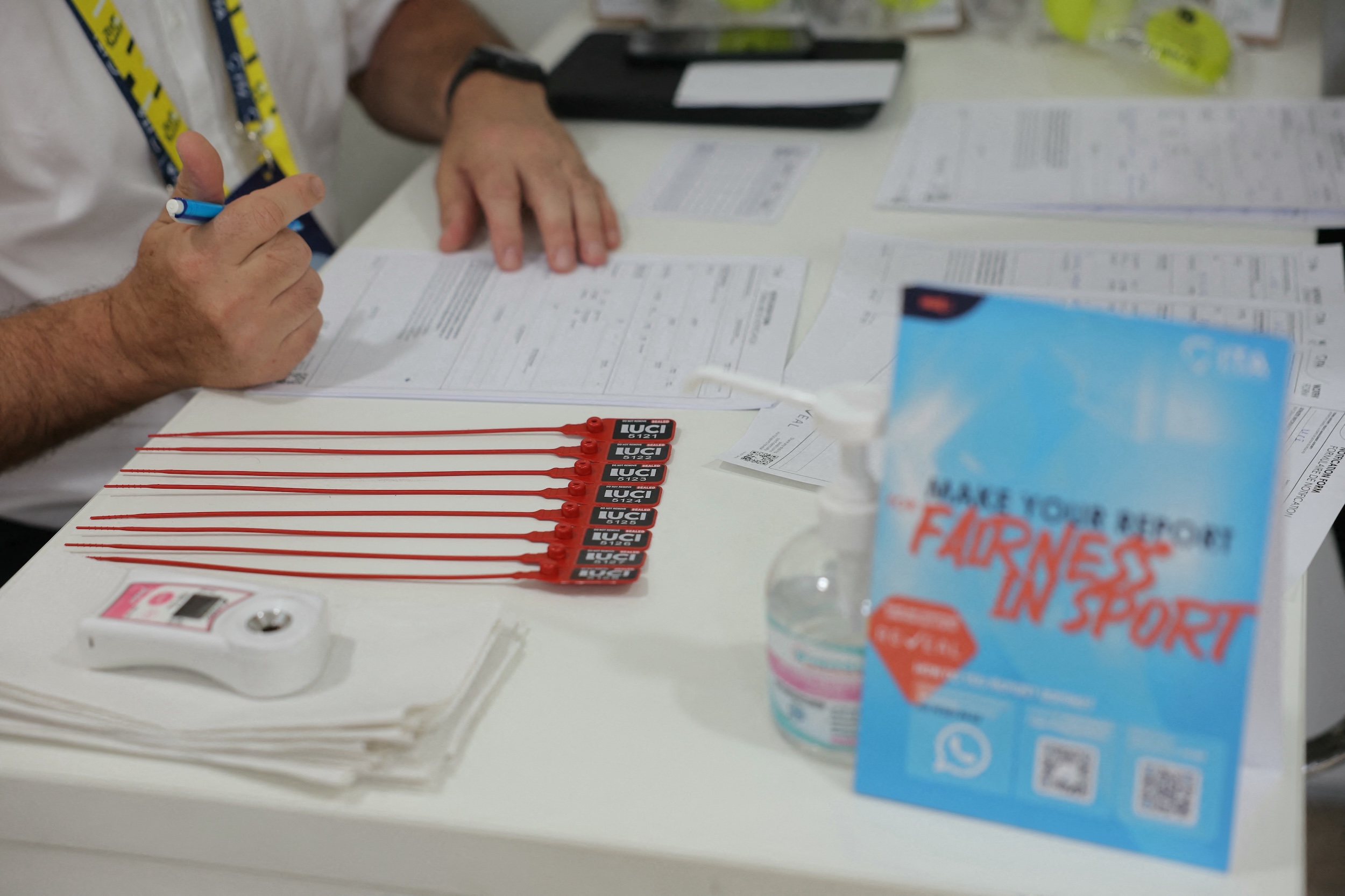 An anti-doping testing kit materials displayed at the International Testing Agency (ITA) testing facility inside a truck at the finish line of the 7th stage of the 111th edition of the Tour de France.