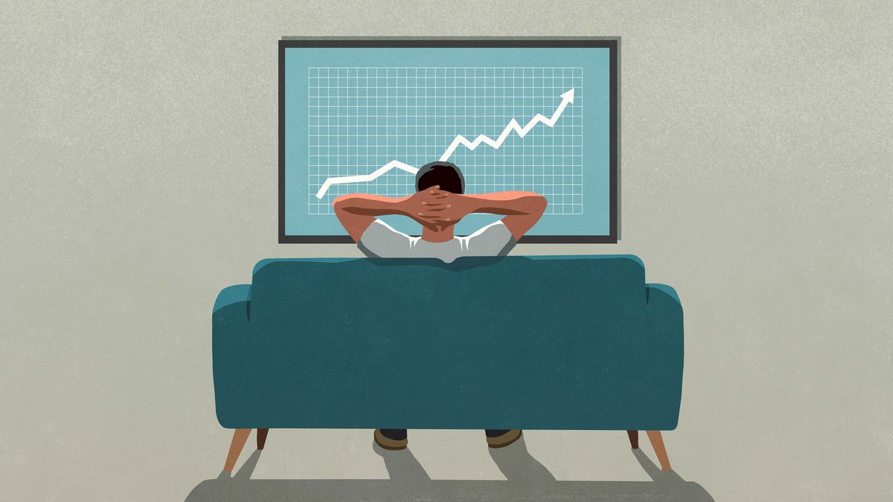 Drawing of a man sitting on a couch looking at a stock chart