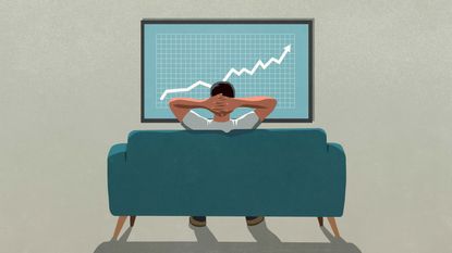 Drawing of a man sitting on a couch looking at a stock chart