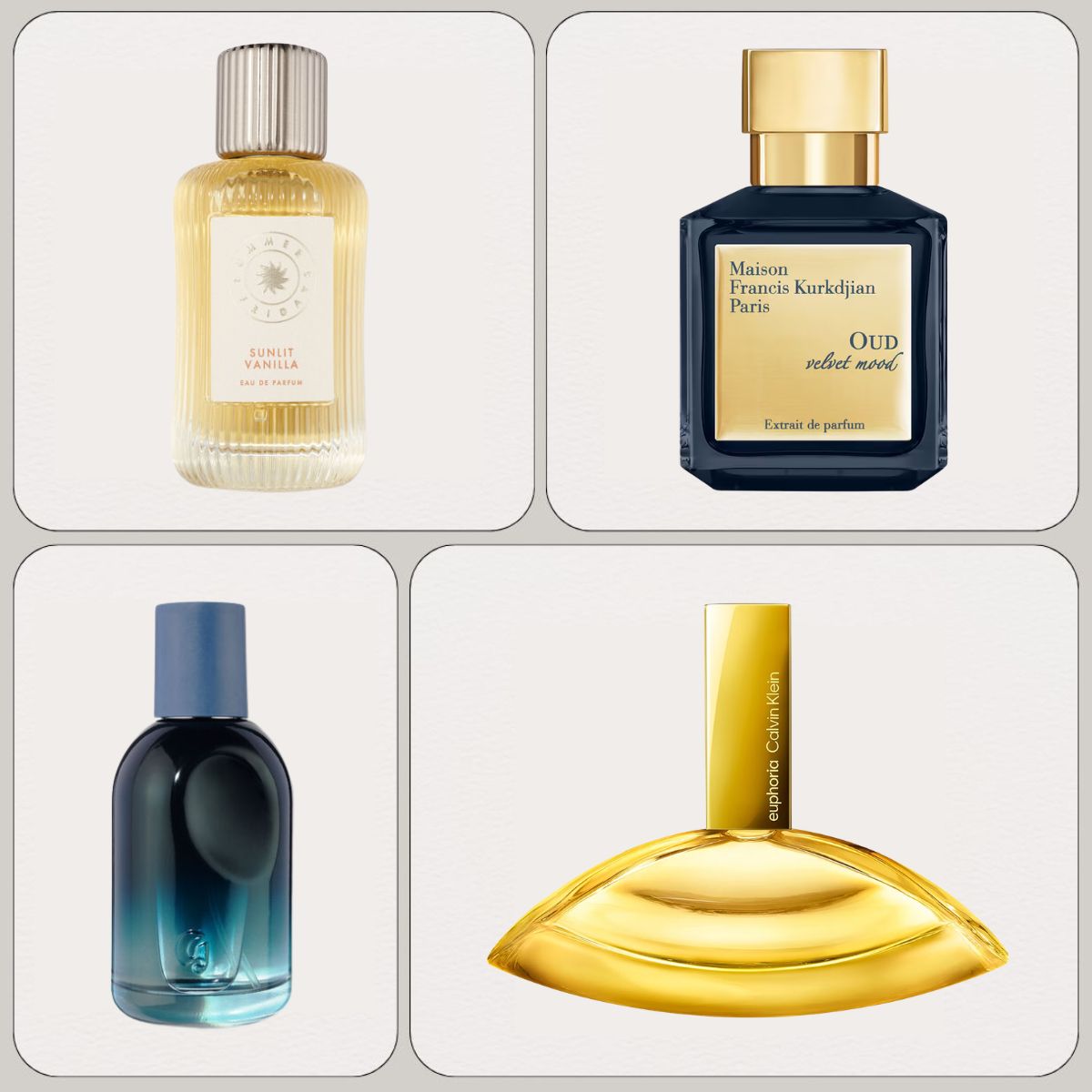 A collage of new-in perfumes from Summer Fridays, Maison Francis Kurkdjian, Glossier and Calvin Klein