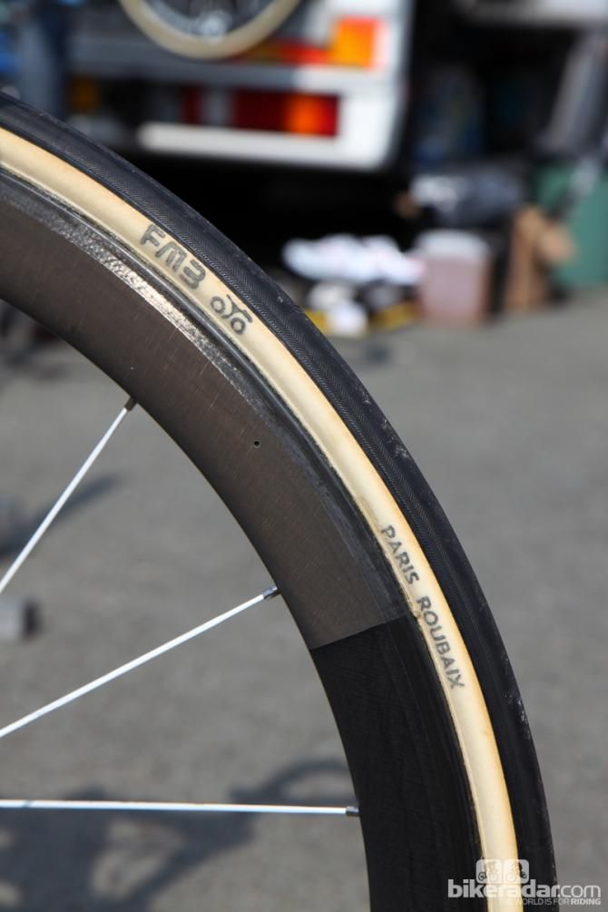Supple 25mm-wide FMB Paris-Roubaix are glued to Bontrager Aeolus 5 D3 carbon tubular wheels.