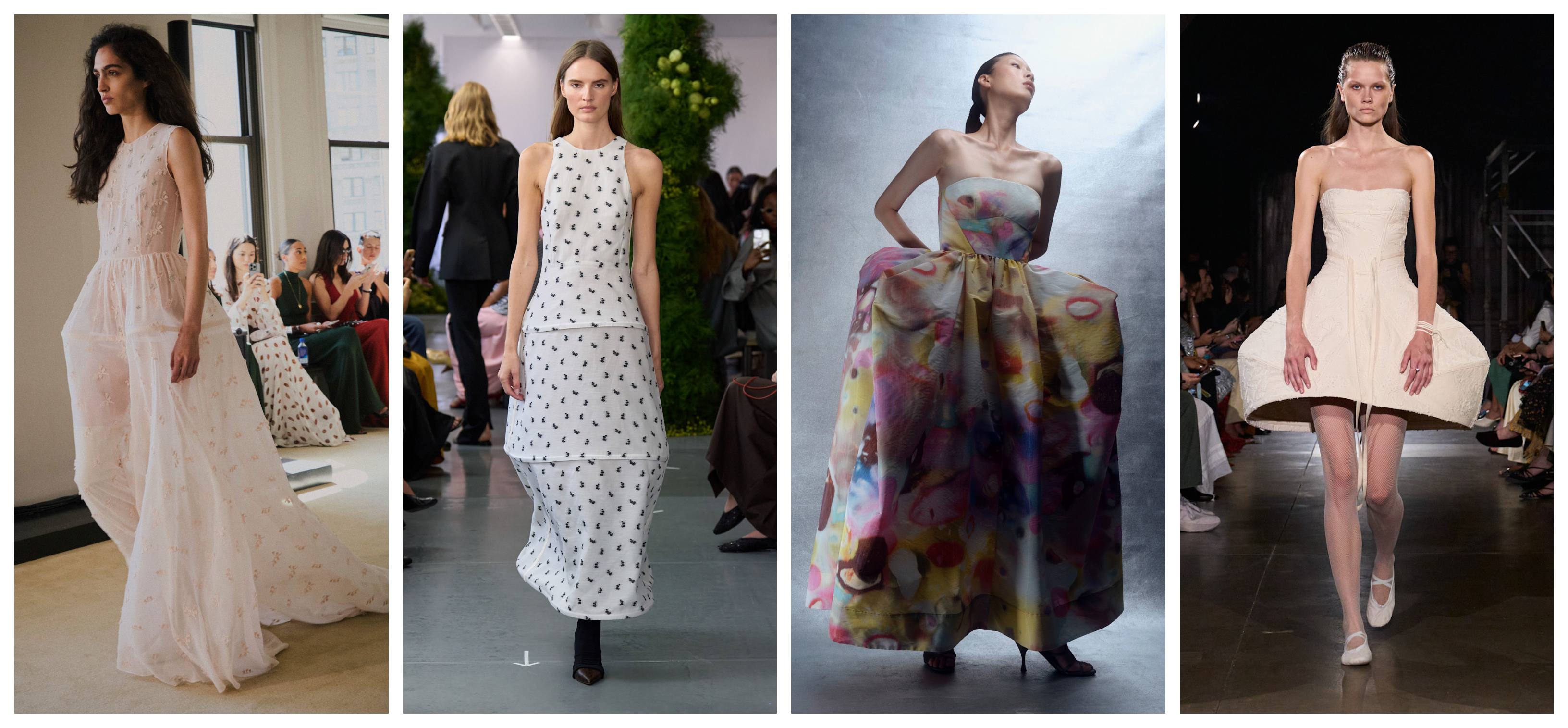 models at several new york fashion week shows wearing hoop skirts