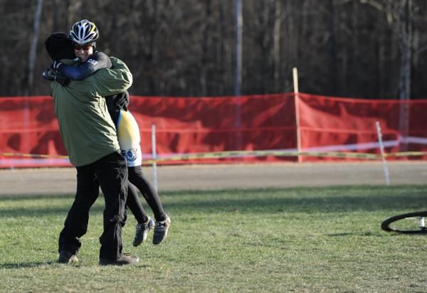 Andrea Smith (Ladies First Racing) celebrates with her coach, Larry Felton, following an impressive victory.