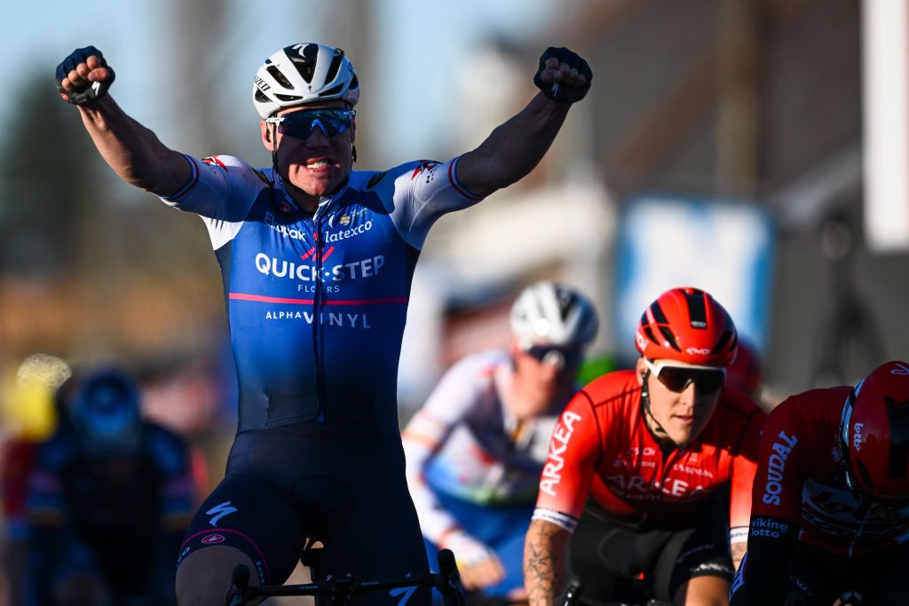 Dutch Fabio Jakobsen of QuickStep Alpha Vinyl celebrates as he crosses the finish line to win the KuurneBrusselsKuurne one day cycling race 1951 km from Kuurne to Kuurne via Brussels Sunday 27 February 2022 BELGA PHOTO JASPER JACOBS Photo by JASPER JACOBSBELGA MAGAFP via Getty Images
