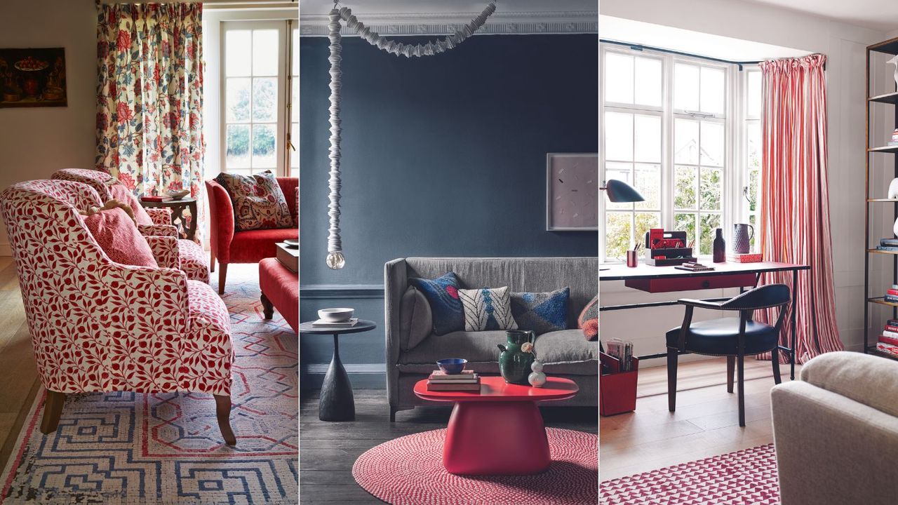 Three living rooms in red, white and gray