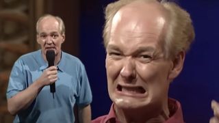 Colin Mochrie with a microphone in front of a clip of himself on Whose Line Is It Anyway?