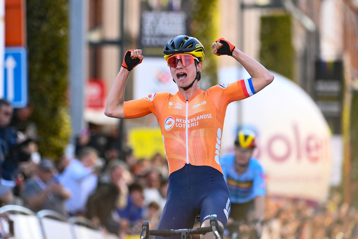 Picture by Simon Wilkinson/SWpix.com - 05/10/2024 - Cycling - 2024 UCI Gravel World Championships, Halle-Leuven, Belgium - Women Elite Race - Marianne Vos (Netherlands) wins the 2024 UCI Gravel World Championships beating Lotte Kopecky (Belgium) who finished second
