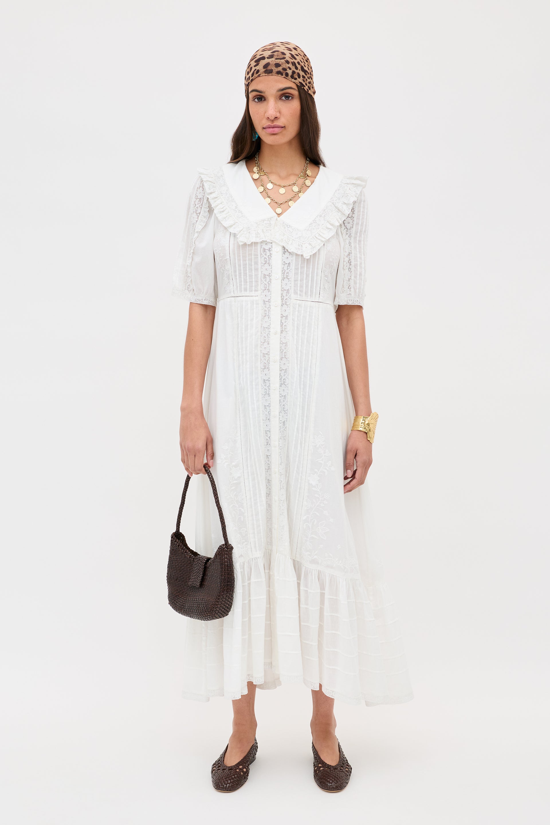 Edina Embroidered Cotton Midi Dress in Pansy Embroidery White