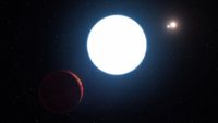 An illustration of a bright glowing sphere in the center of the image. A red sphere is shrouded in darkness to the left and there are two bright spots far in the distance.