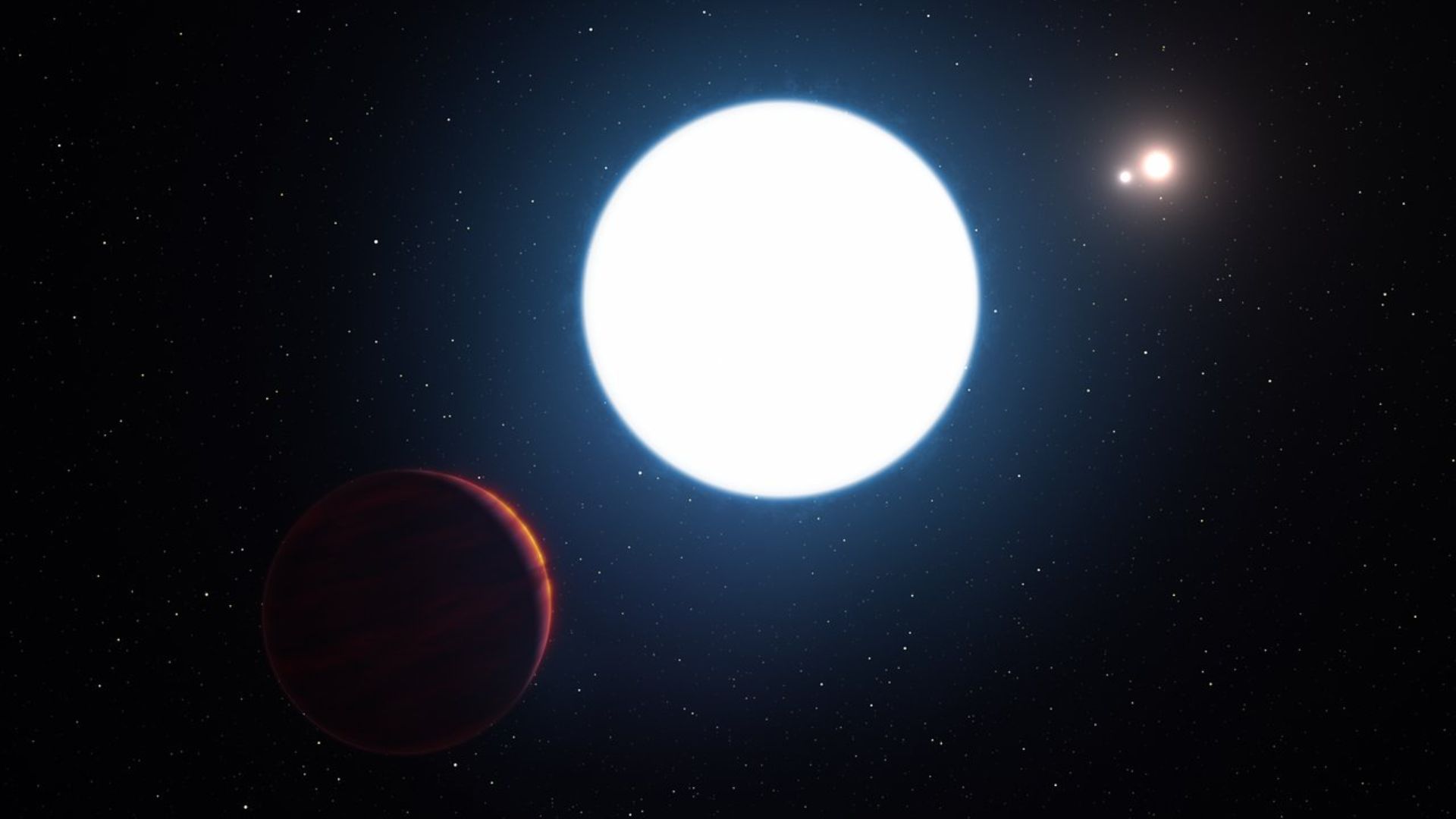 An illustration of a bright glowing sphere in the center of the image. A red sphere is shrouded in darkness to the left and there are two bright spots far in the distance.