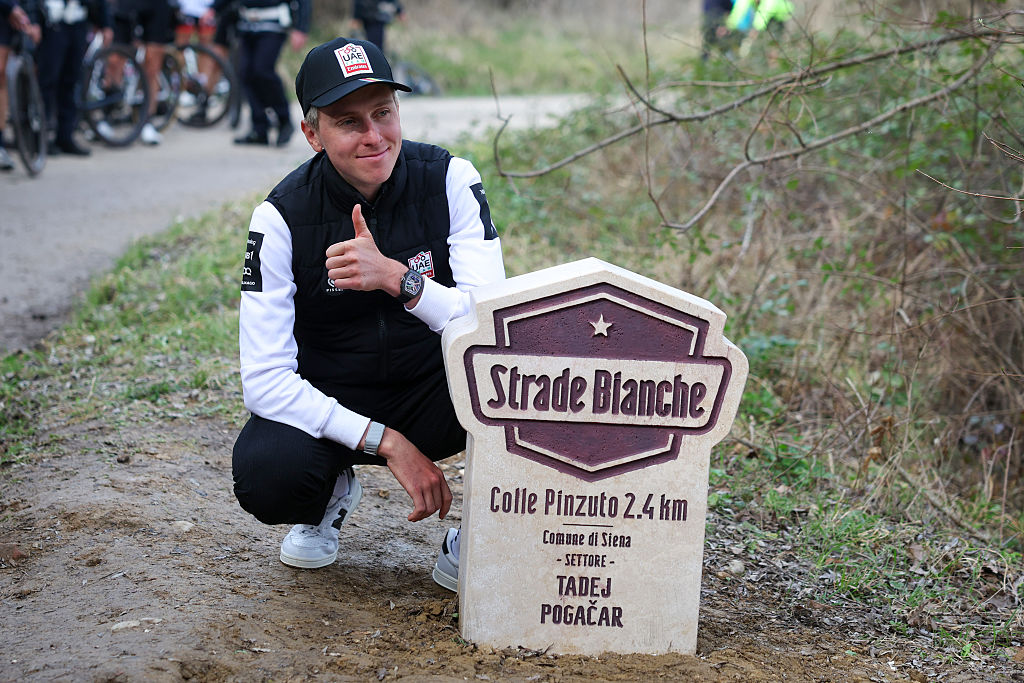 SIENA, ITALY - MARCH 05: Tadej Pogacar attends the unveiling of the Colle Pinzuto Stone dedicated to him after winning for three times Strade Bianche on March 05, 2026 in Siena, Italy. (Photo by Sara Cavallini/Getty Images)