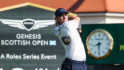 Rory McIlroy teeing off at the Renaissance Club during the first round of the 2026 Genesis Scottish Open