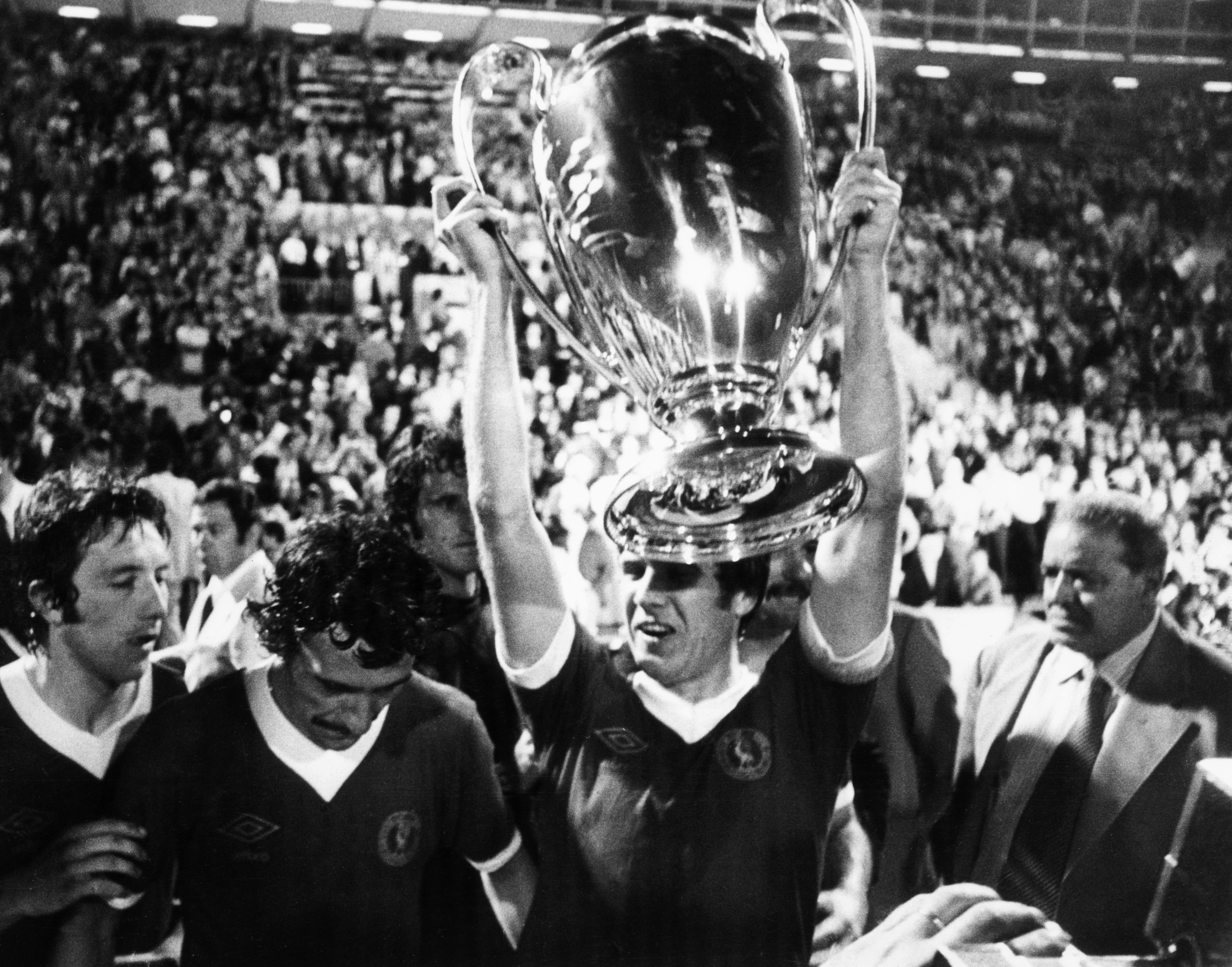 Emlyn Hughes lifts the European Cup after Liverpool's victory in the final over Borussia Monchengladbach in May 1977.