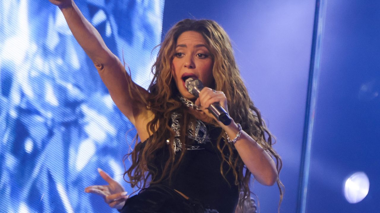 Shakira is seen performing in Time Square on March 26, 2024 in New York, New York. 