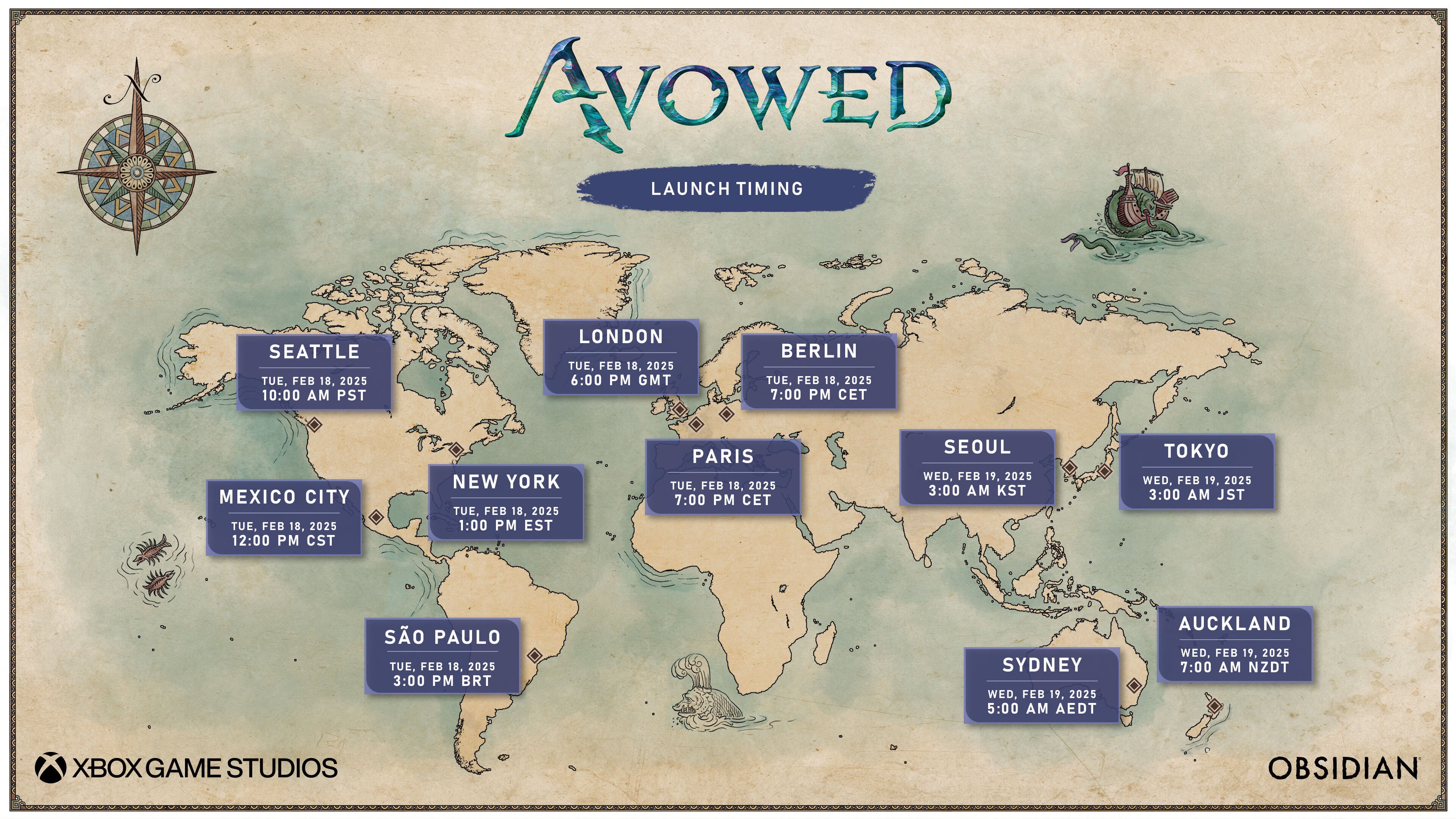 The Avowed release schedule for different time zones.