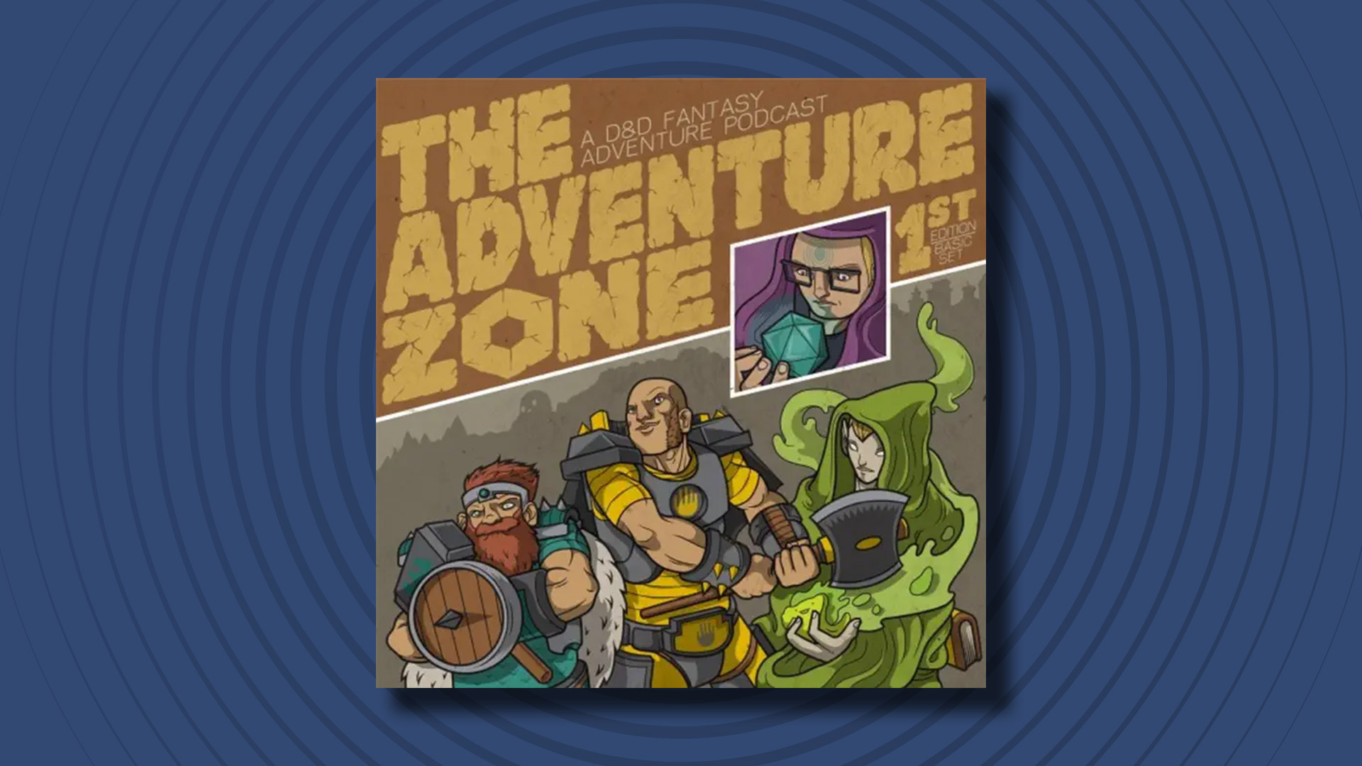 The logo of the Adventure Zone podcast on a dark blue background