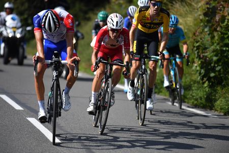 Cofidis climber Guillaume Martin (centre) shadows Groupama-FDJ&rsquo;s Thibaut Pinot on stage 5 of the 2020 Crit&eacute;rium du Dauphin&eacute;