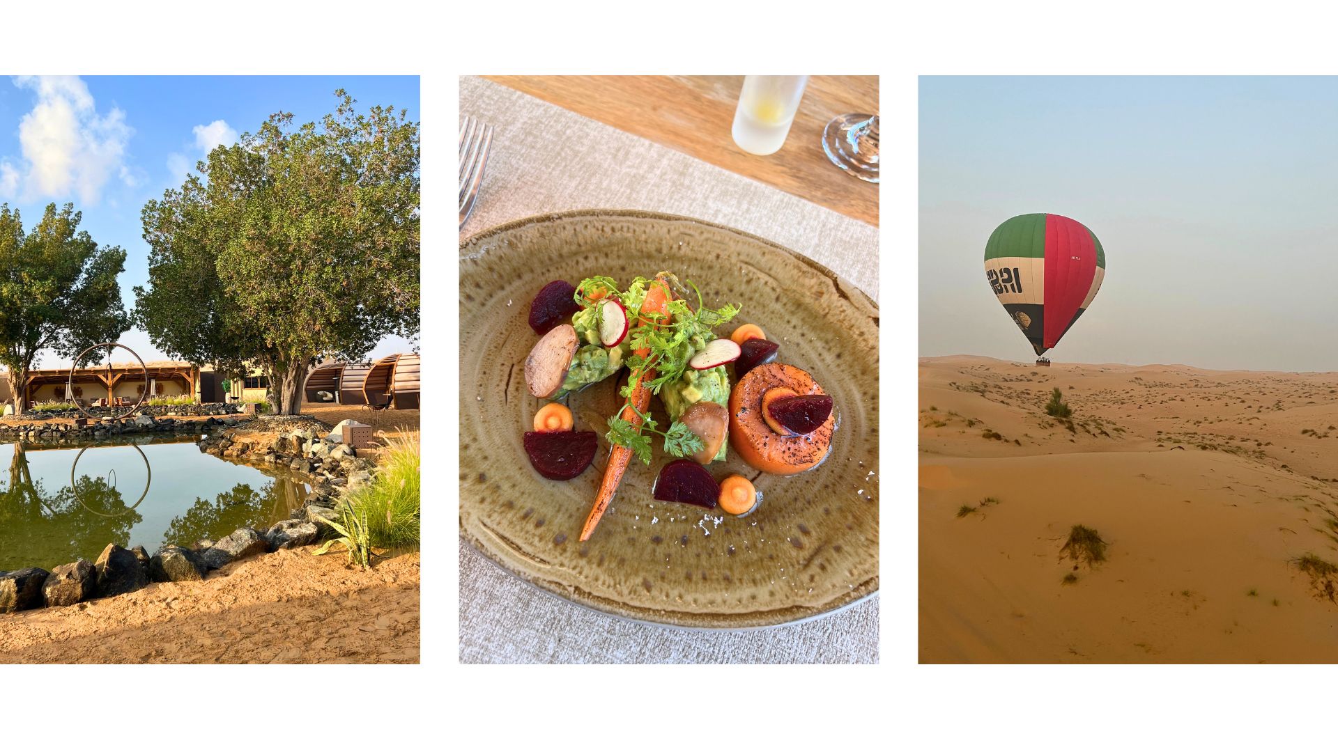 breakfast in the desert in Dubai and a hot air balloon over the desert