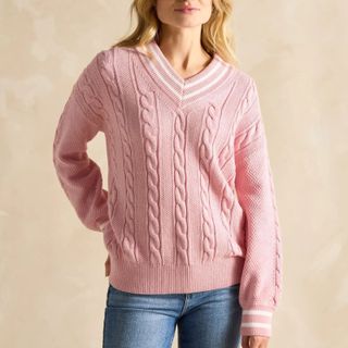 Joules Dibbly Pink Cable Knit Cricket Jumper