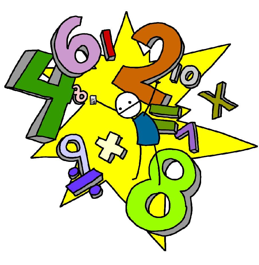 Colorful numerals and math symbols fly in front of a yellow starburst