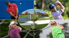 Tiger Woods, Billy Horschel, Lucas Herbert and John Daly all hitting golf shots, and the Wanamaker Trophy pictured center