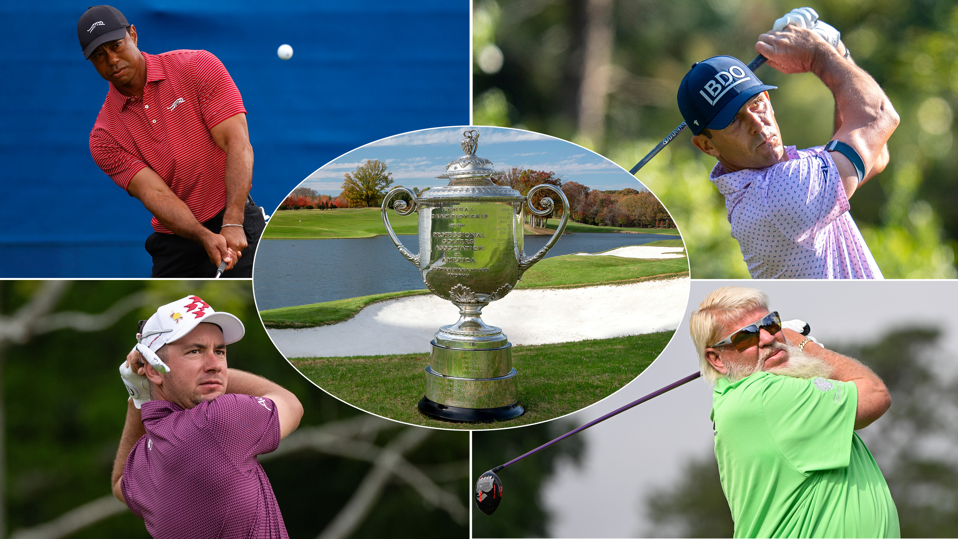 Tiger Woods, Billy Horschel, Lucas Herbert and John Daly all hitting golf shots, and the Wanamaker Trophy pictured center