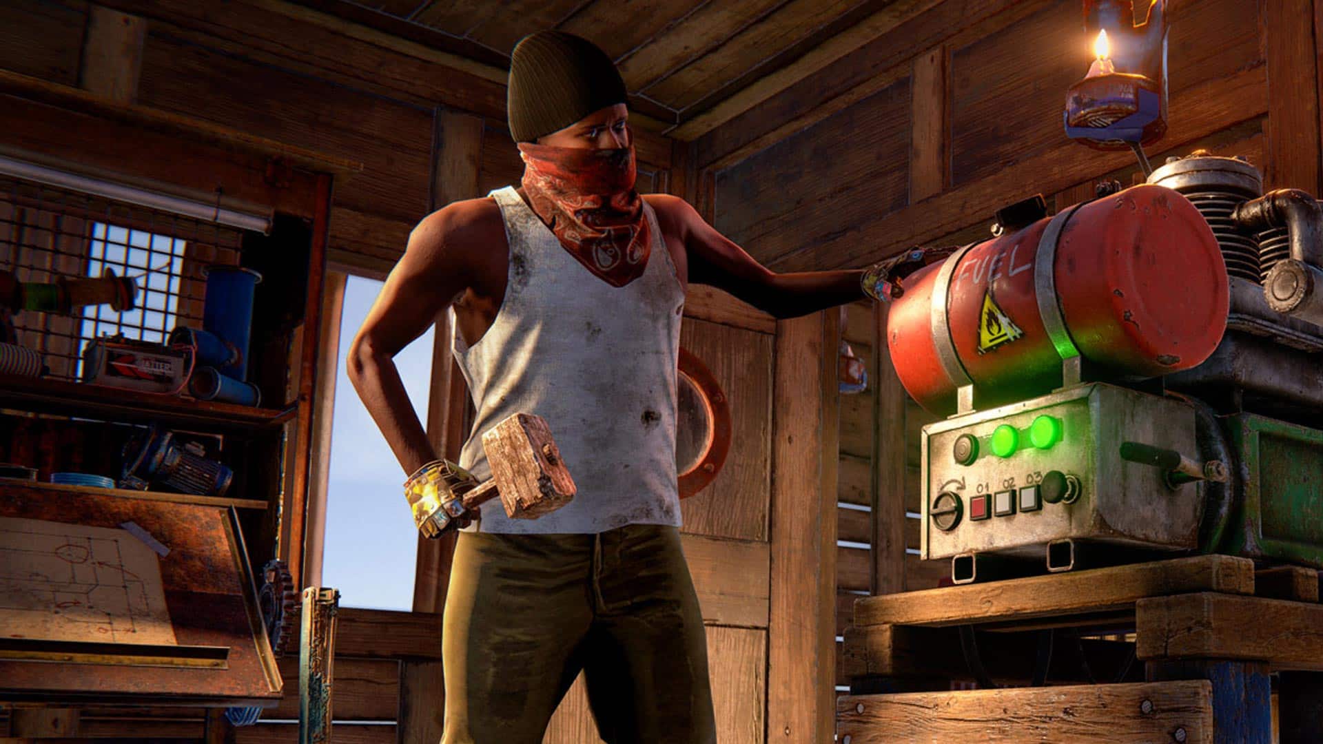 Rust player tinkering with a motor onboard a ship, there is a crafting hammer in his free hand. 