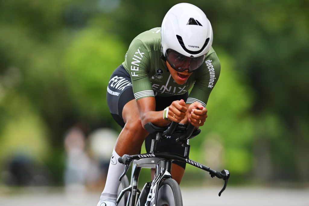 BRESCIA ITALY JULY 07 Ceylin Del Carmen Alvarado of The Netherlands and Team FenixDeceuninck sprints during the 35th Giro dItalia Women 2024 Stage 1 a 157km individual time trial stage from Brescia to Brescia UCIWWT on July 07 2024 in Brescia Italy Photo by Luc ClaessenGetty Images
