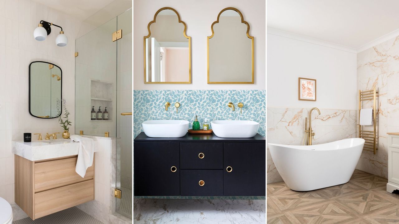 It&#039;s always useful to learn how to update an outdated small bathroom. Here are three pictures - one white bathroom with a curved black mirror and wooden sink unit, one with two arched golden mirrors with a light blue splashback and navy blue sink unit, and one white bathroom with white and pink marble tiles and a large curved white freestanding tub