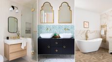 It's always useful to learn how to update an outdated small bathroom. Here are three pictures - one white bathroom with a curved black mirror and wooden sink unit, one with two arched golden mirrors with a light blue splashback and navy blue sink unit, and one white bathroom with white and pink marble tiles and a large curved white freestanding tub