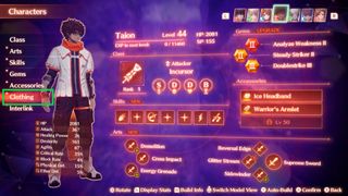Xenoblade Chronicles 3 clothes: Taion menu with clothing tab highlighted.
