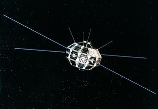 An illustration of Canada's first satellite, Alouette-1.