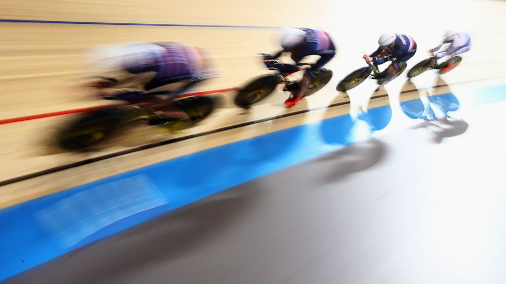 Adrien Garel, Morgan Kneisky, Louis Pijourlet and Benjamin Thomas of France compete in the Men's Team Pursuit Final