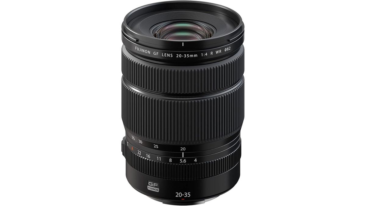 The Fujifilm GF 20-35mm f/4 R WR lens standing upright with the front lens element showing