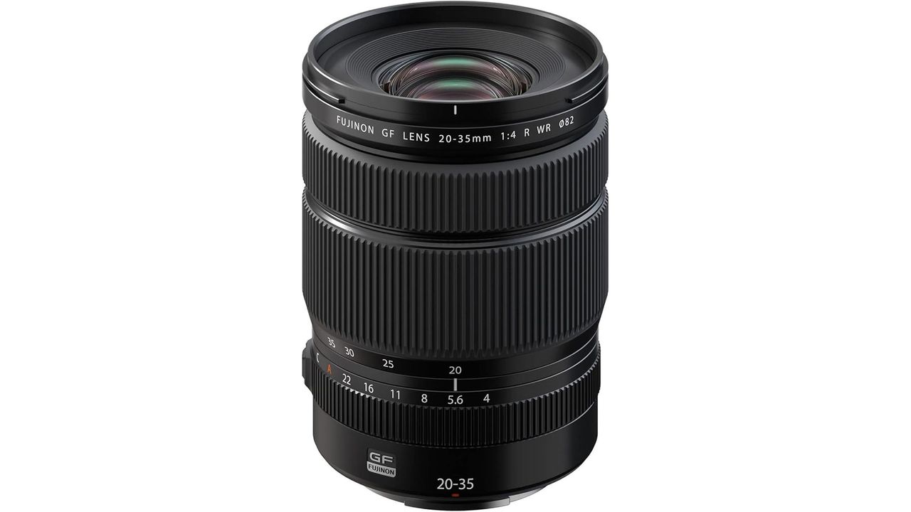 The Fujifilm GF 20-35mm f/4 R WR lens standing upright with the front lens element showing