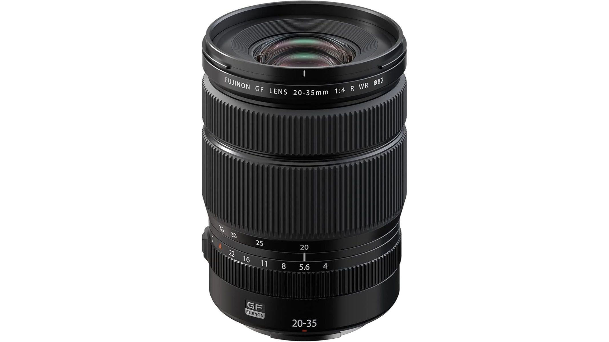 The Fujifilm GF 20-35mm f/4 R WR lens standing upright with the front lens element showing