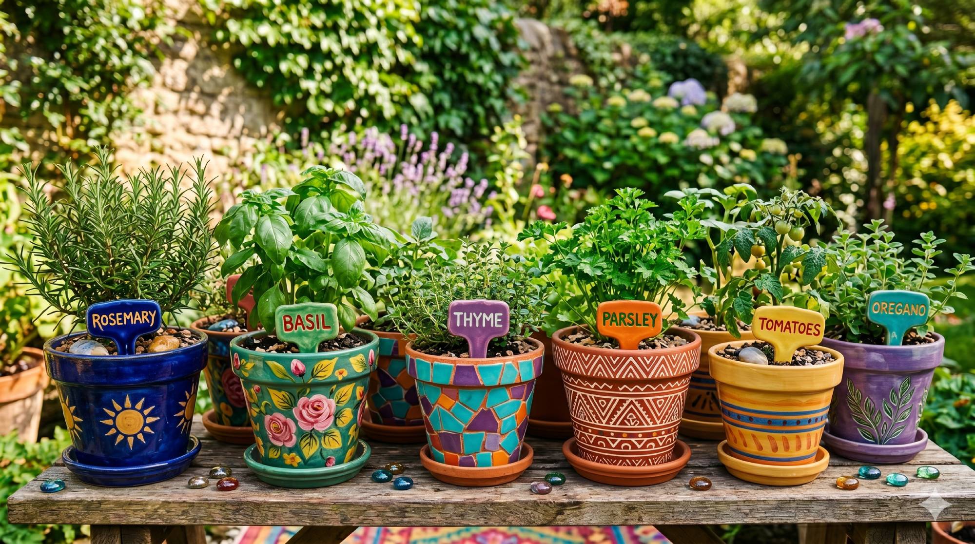 Colorful pots of herbs and vegetables with clay name tags in each