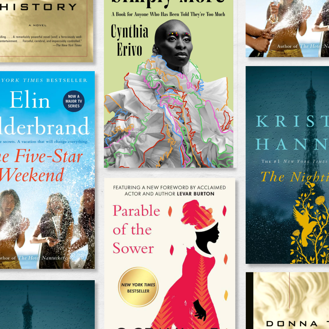 a collage of book covers of novels and memoirs on sale during prime 2026 including the nightingale parable of the sower and more