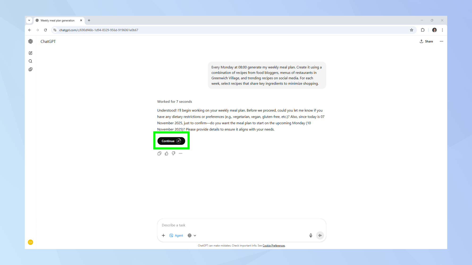 ChatGPT agent continue