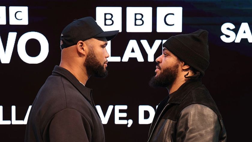 Frazer Clarke and Jeamie TKV square up with each other ahead of their fight for the British heavyweight title.