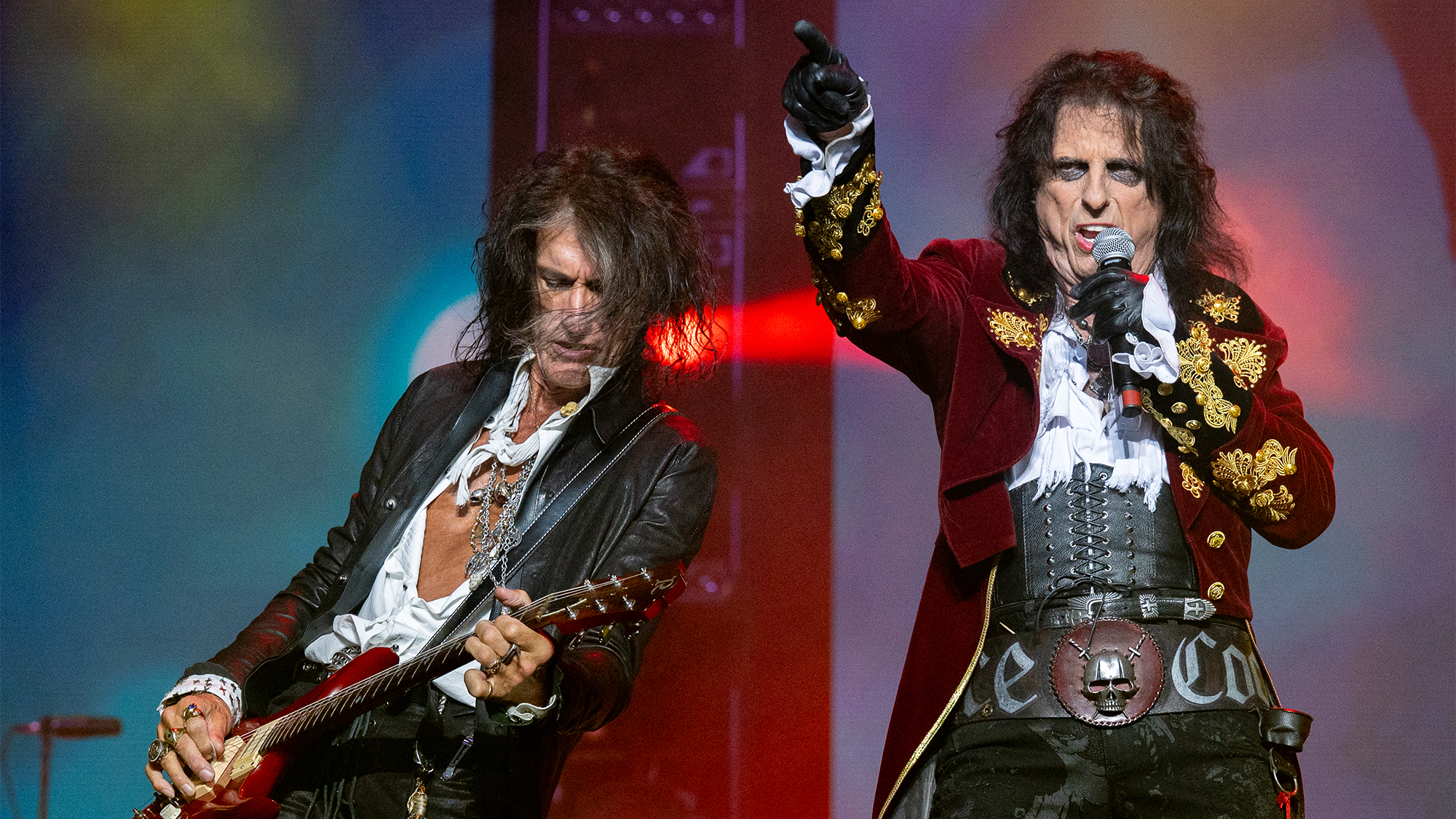 Alice Cooper and Joe Perry of Hollywood Vampires perform at Manchester Arena on July 08, 2023 in Manchester, England.