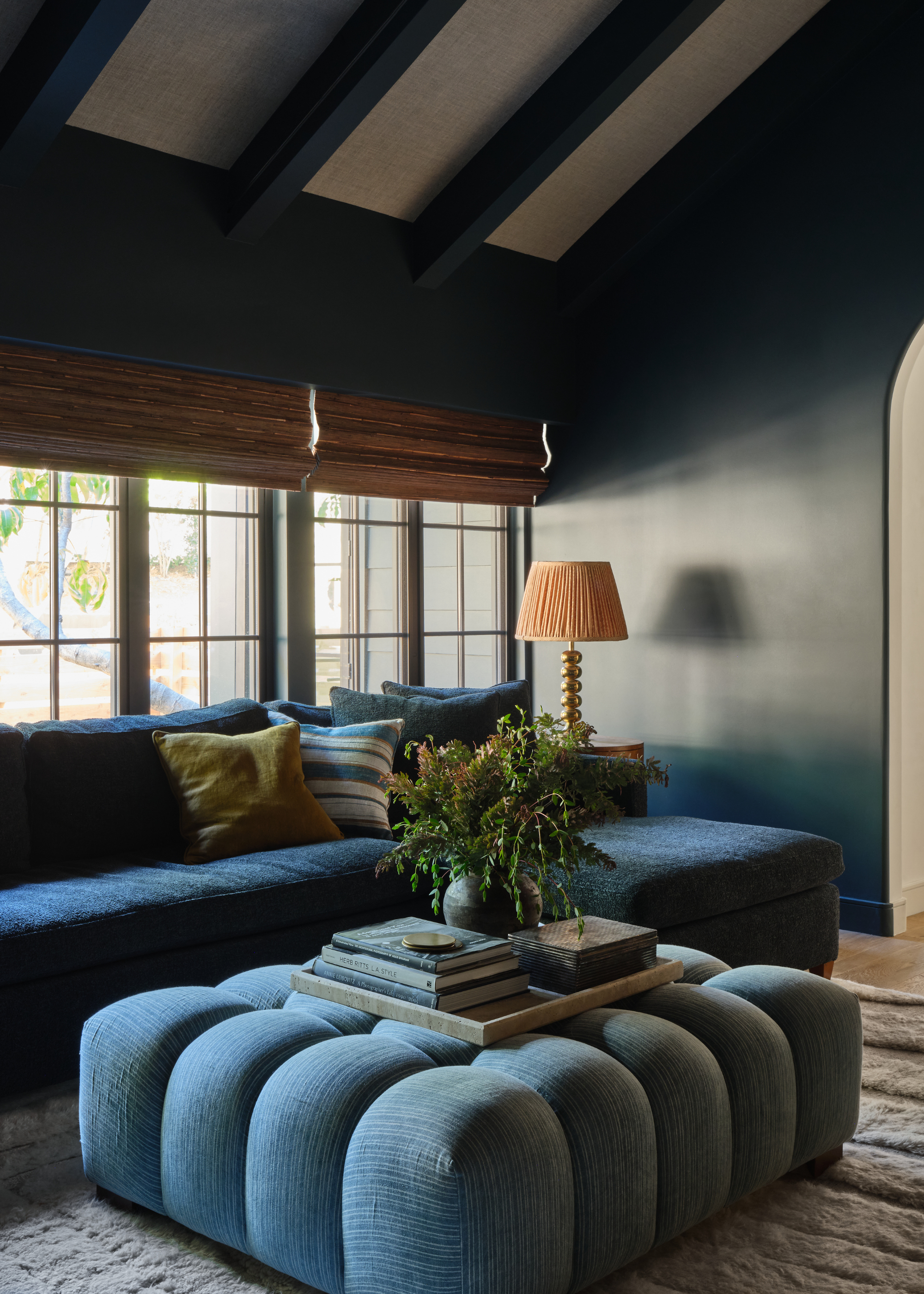 cozy, moody living room with dark blue walls and matching furniture